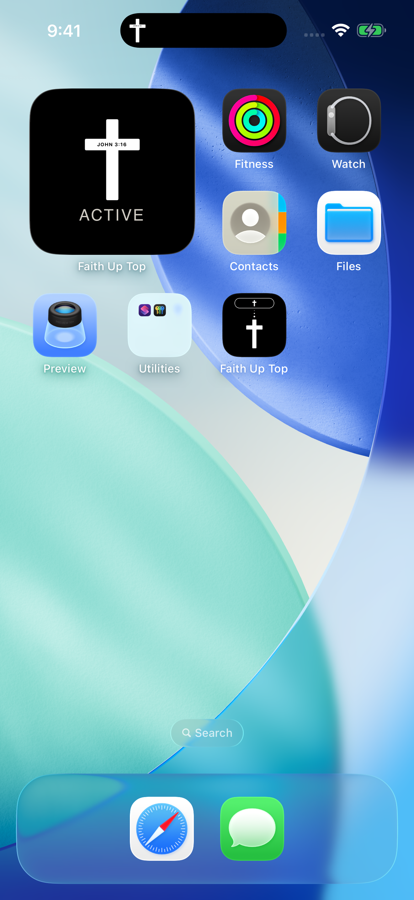 Faith Up Top showing a cross in the Dynamic Island and on the Home Screen